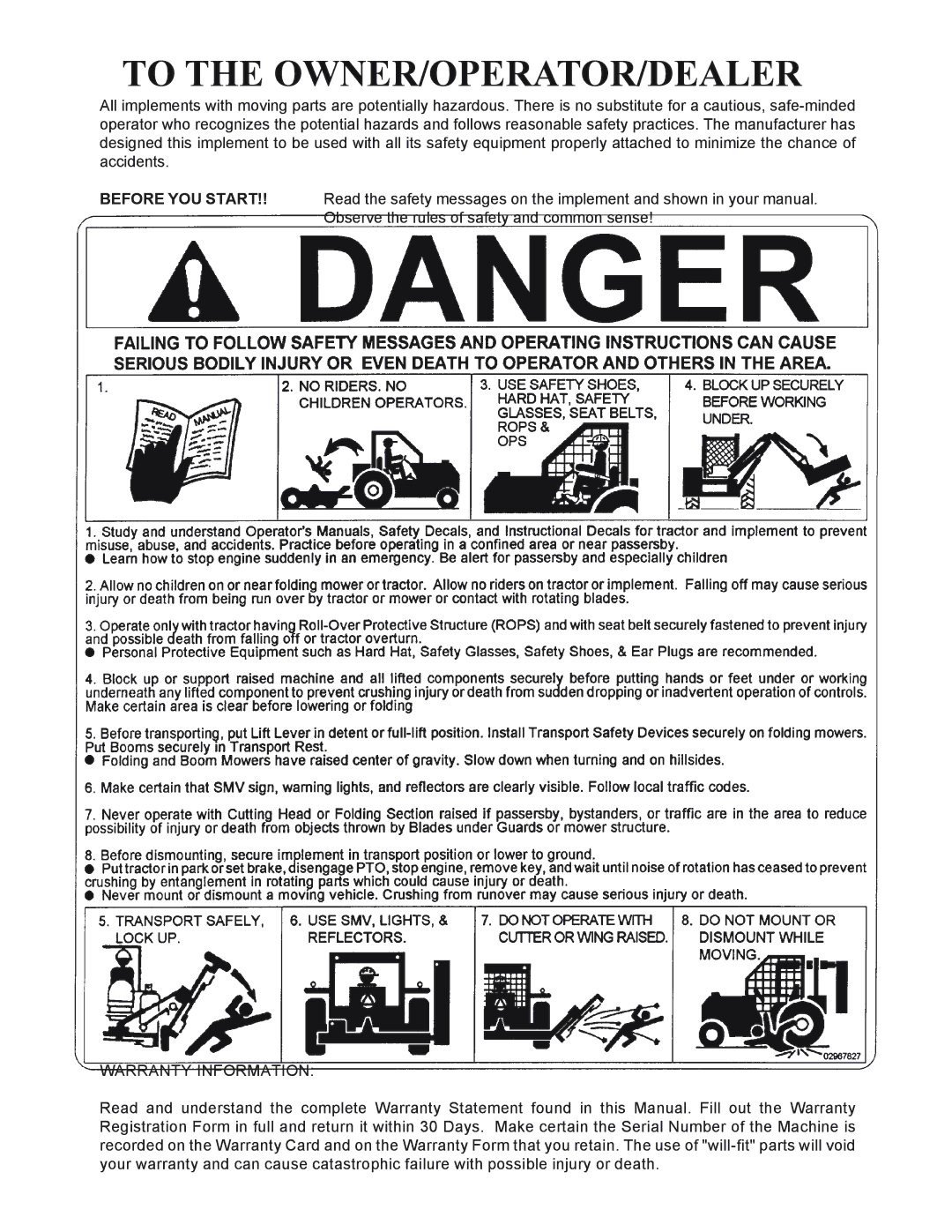 Servis-Rhino P/N 00763618C manual To the OWNER/OPERATOR/DEALER 