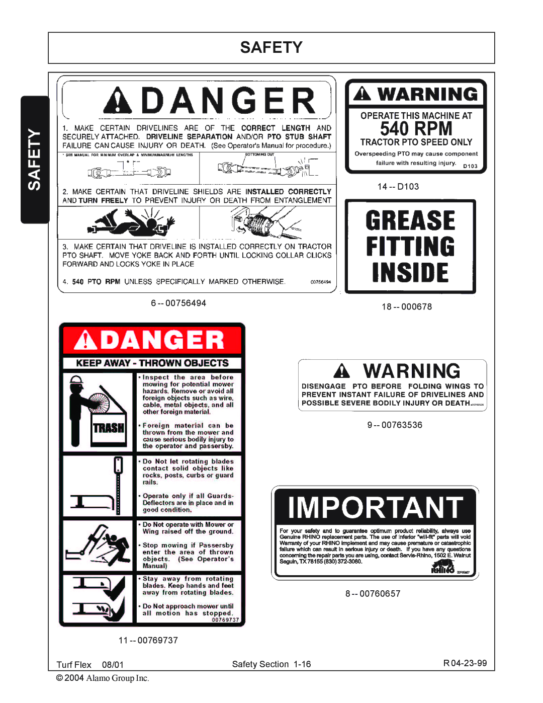 Servis-Rhino P/N 00763618C manual D103 Turf Flex 08/01 Safety -23-99 