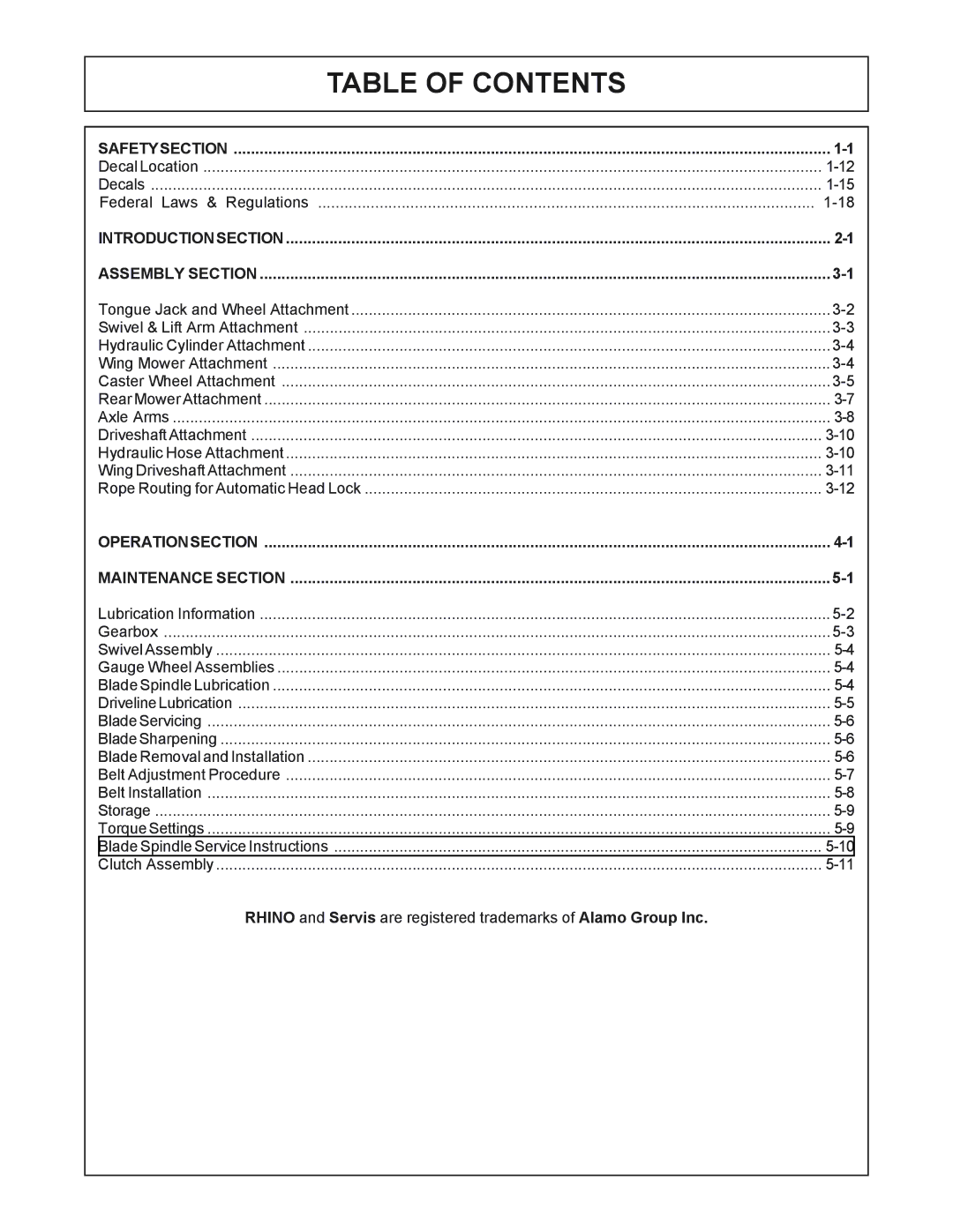 Servis-Rhino P/N 00763618C manual Table of Contents 