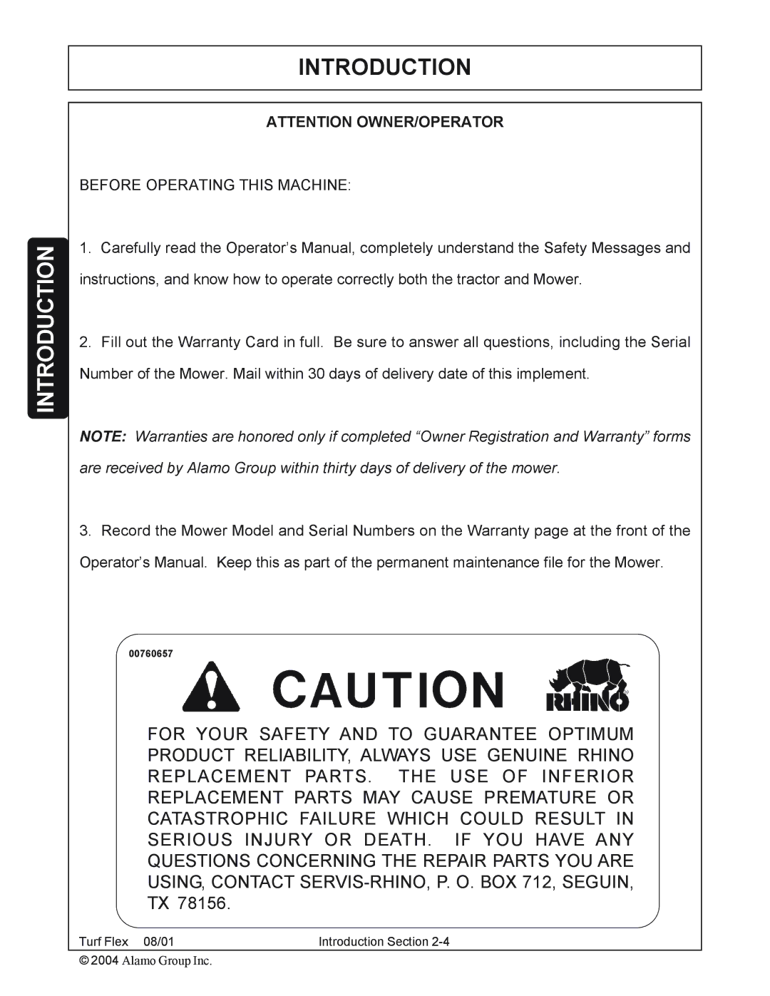 Servis-Rhino P/N 00763618C manual Before Operating this Machine 