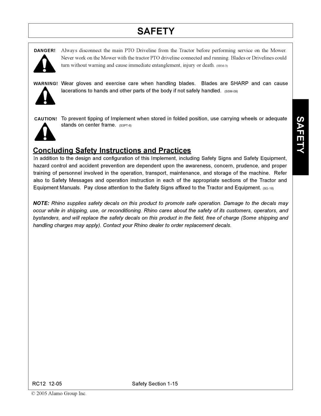 Servis-Rhino RC-12 manual Concluding Safety Instructions and Practices 