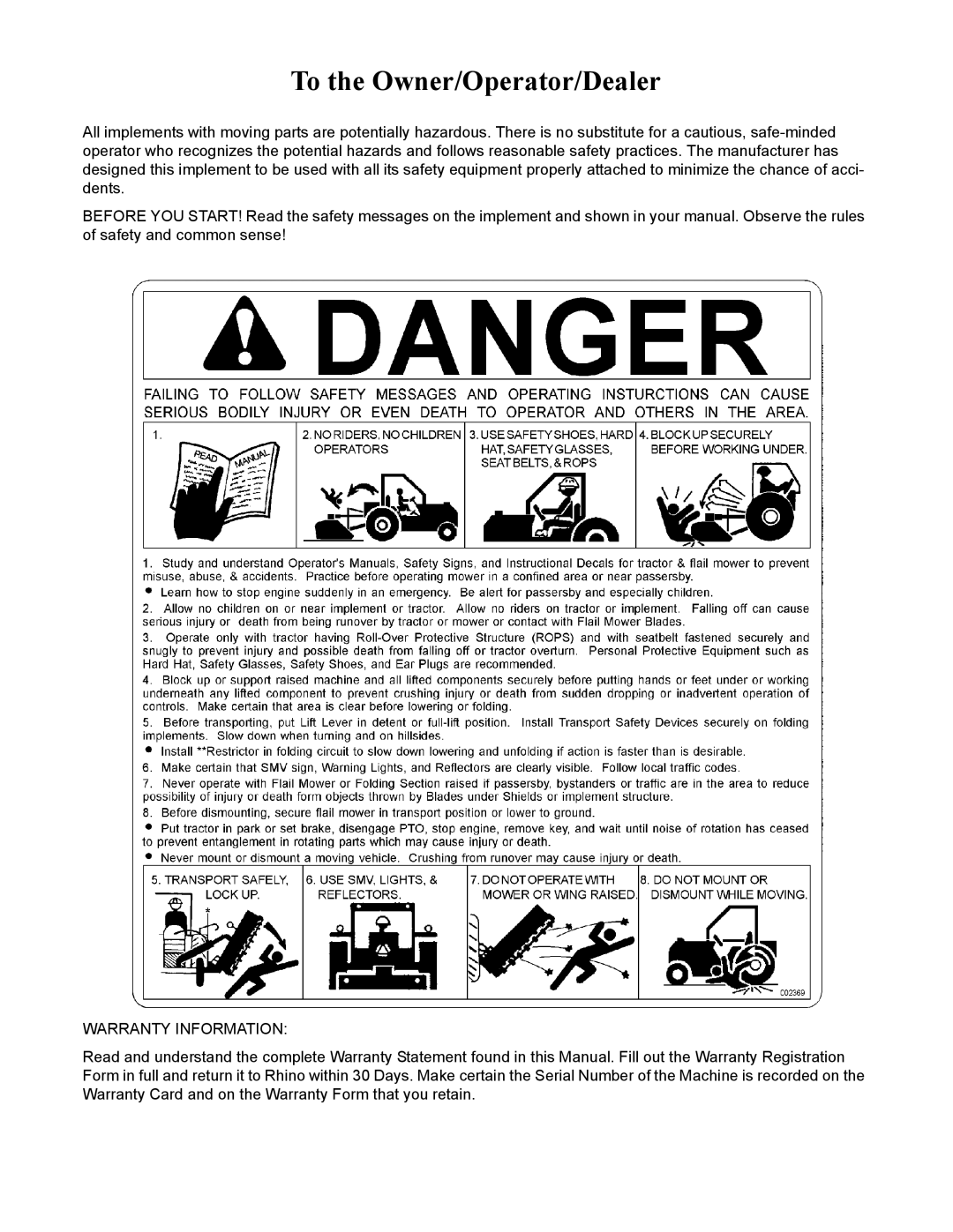 Servis-Rhino RC-12 manual To the Owner/Operator/Dealer, Warranty Information 