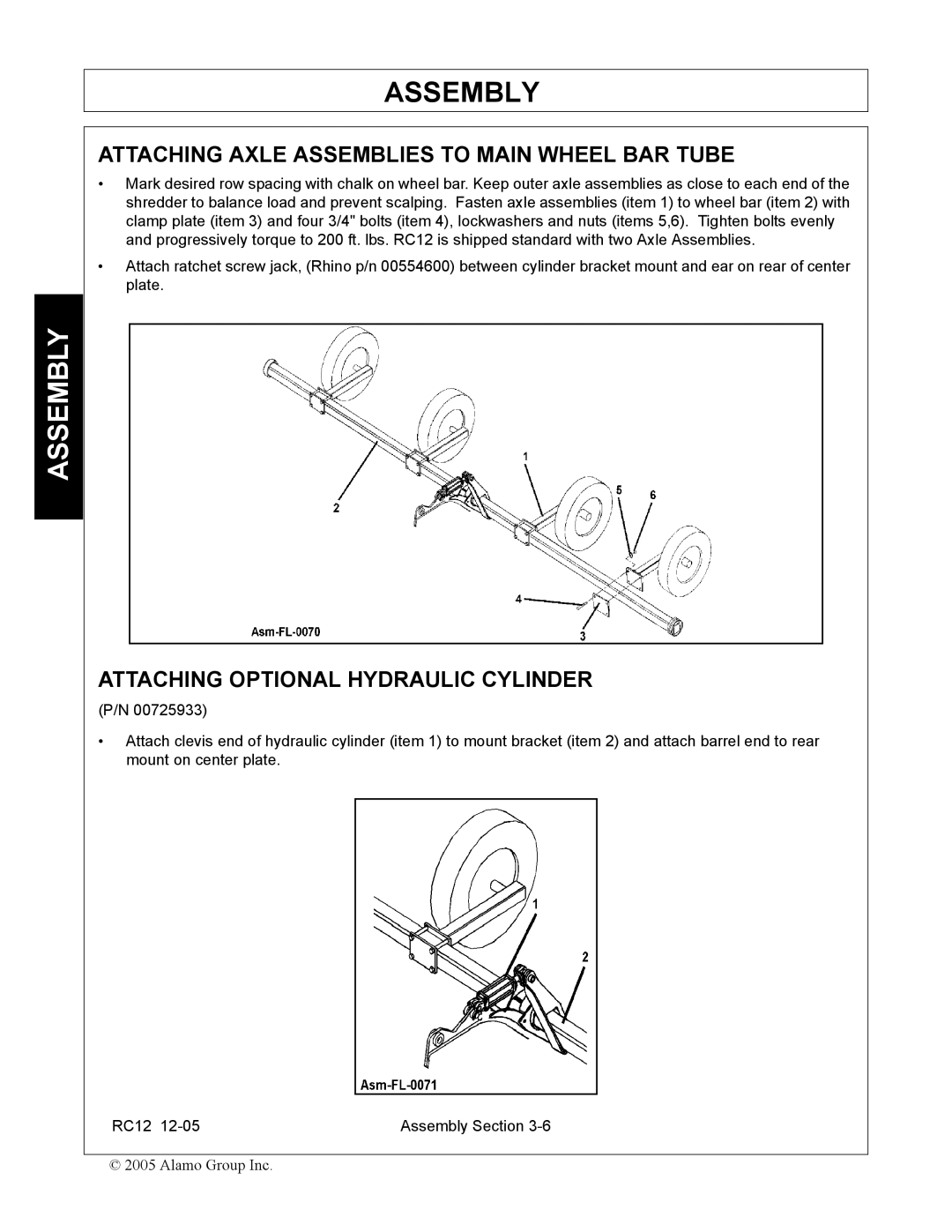 Servis-Rhino RC-12 manual Attaching Axle Assemblies to Main Wheel BAR Tube, Attaching Optional Hydraulic Cylinder 