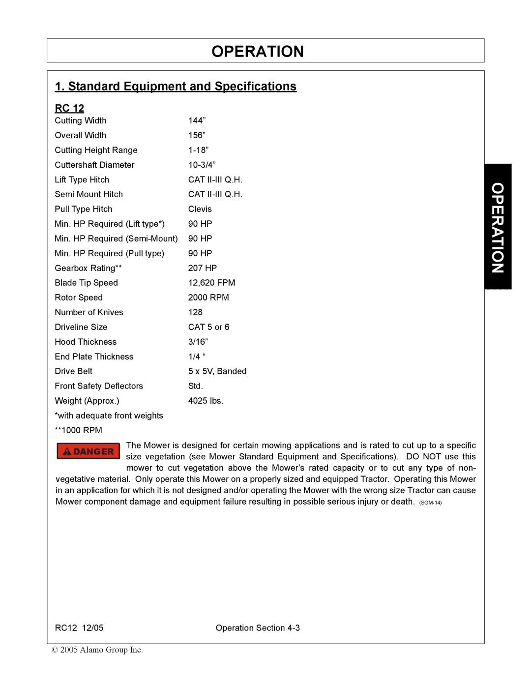 Servis-Rhino RC-12 manual Operation, Cat Ii-Iii Q.H 