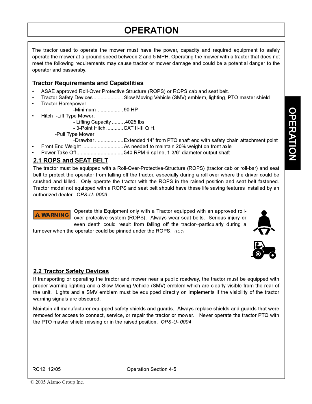 Servis-Rhino RC-12 manual Tractor Requirements and Capabilities, Rops and Seat Belt, Tractor Safety Devices 