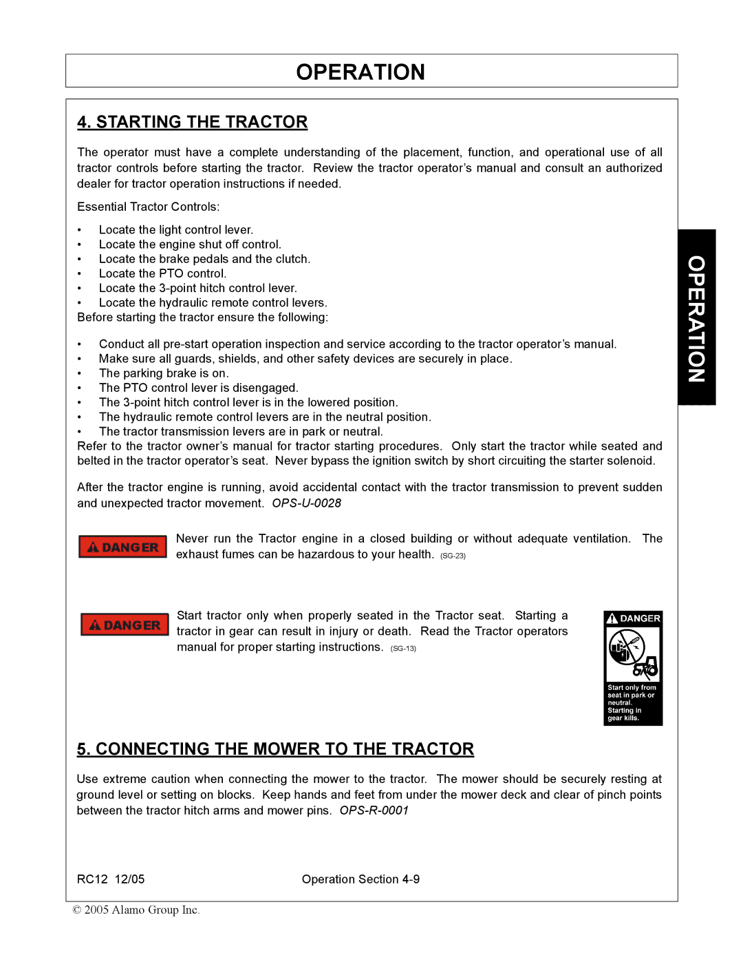 Servis-Rhino RC-12 manual Starting the Tractor, Connecting the Mower to the Tractor 