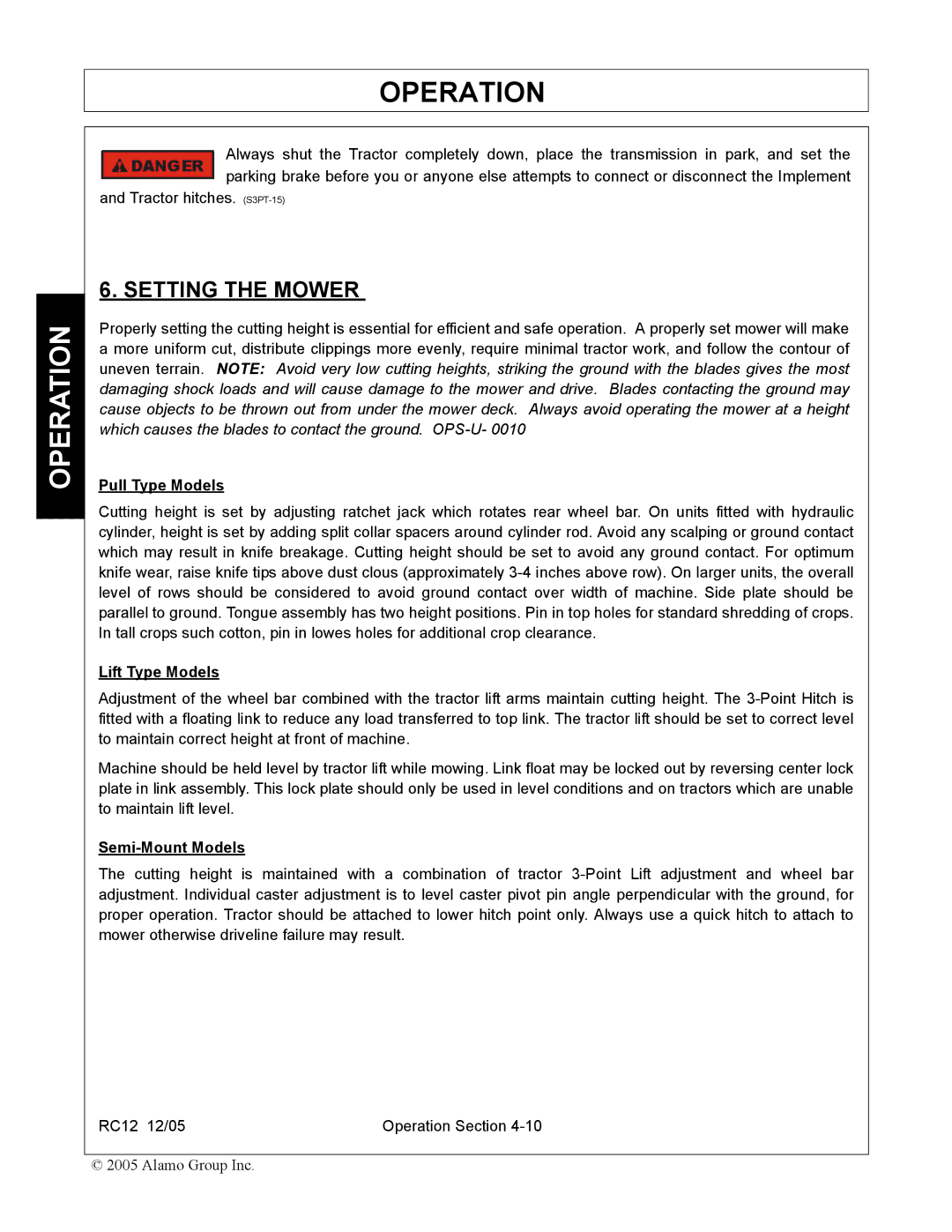 Servis-Rhino RC-12 manual Setting the Mower, Pull Type Models, Lift Type Models, Semi-Mount Models 