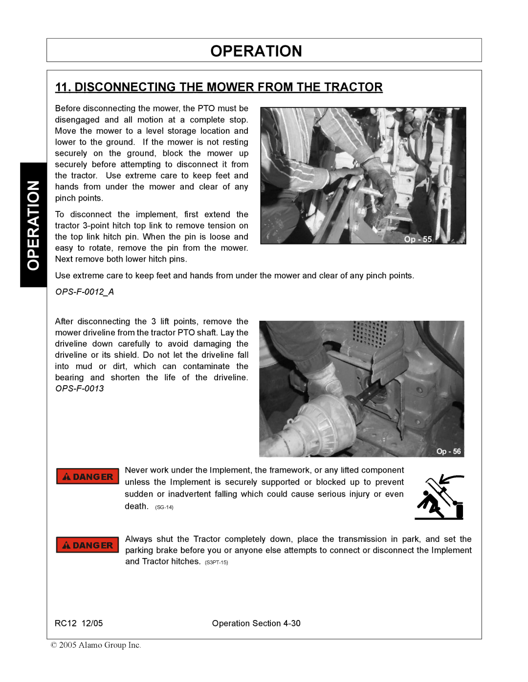 Servis-Rhino RC-12 manual Disconnecting the Mower from the Tractor, OPS-F-0012A 