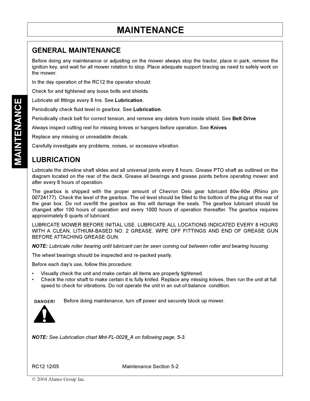 Servis-Rhino RC-12 manual General Maintenance, Lubrication 