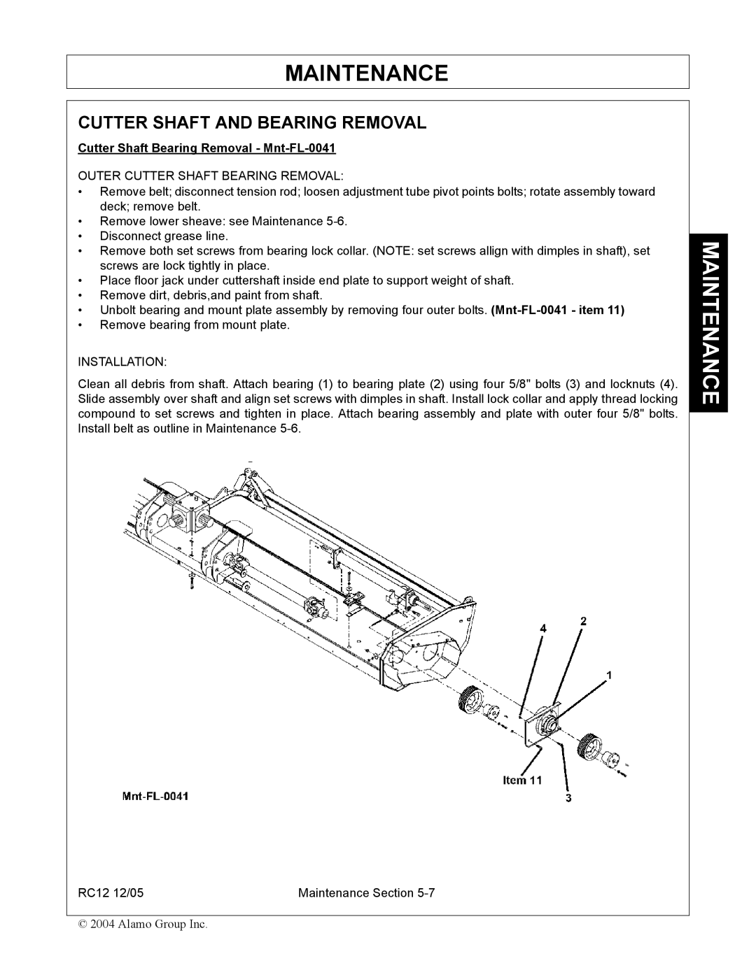 Servis-Rhino RC-12 manual Cutter Shaft and Bearing Removal, Cutter Shaft Bearing Removal Mnt-FL-0041, Installation 