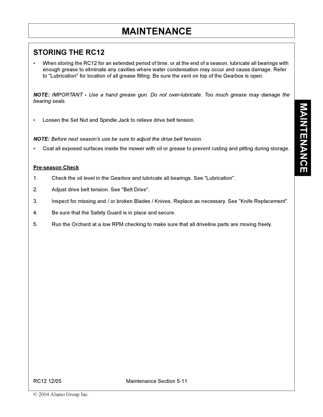 Servis-Rhino RC-12 manual Storing the RC12, Pre-season Check 