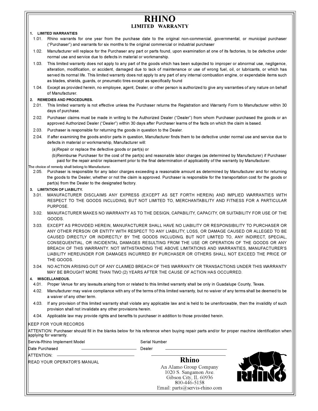 Servis-Rhino RC-12 manual Rhino 