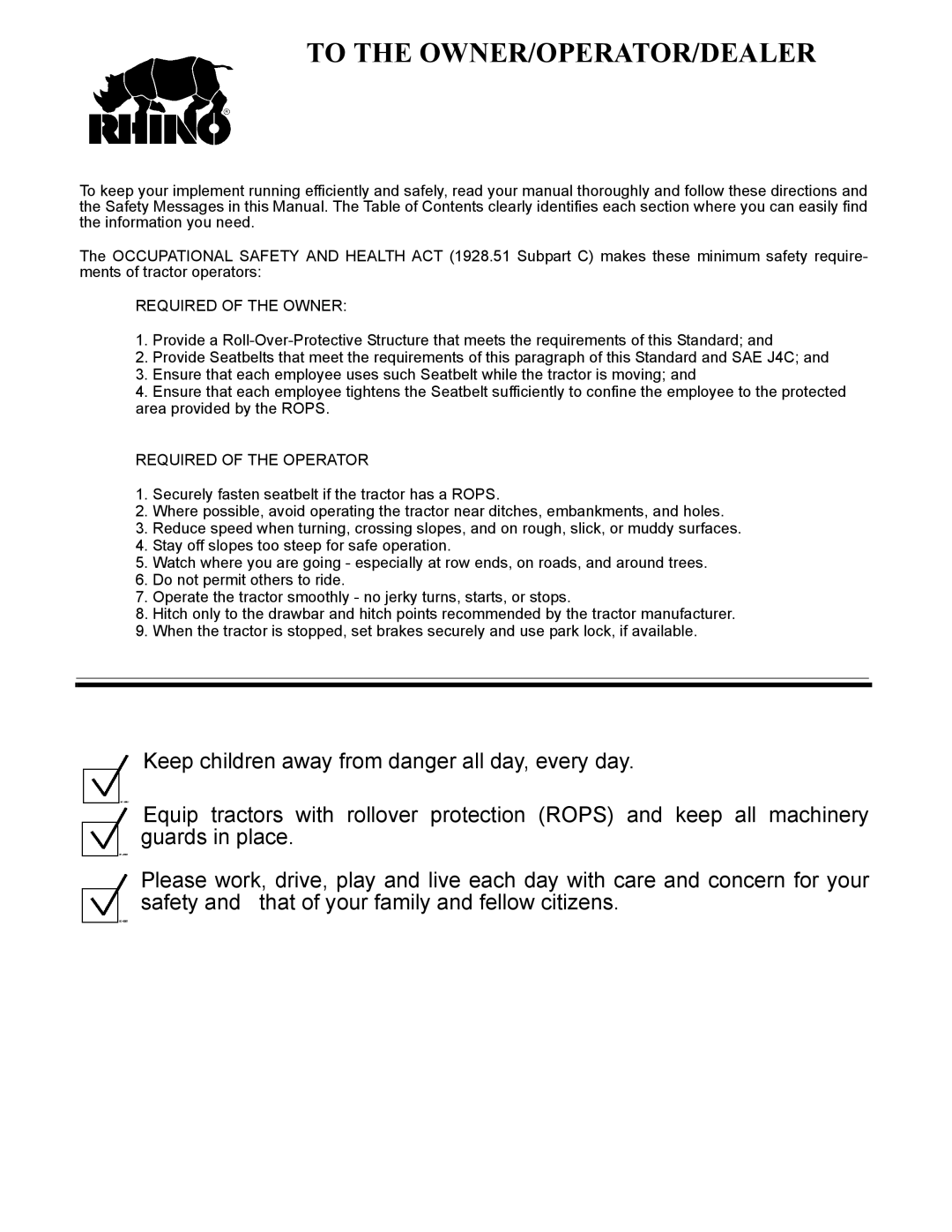 Servis-Rhino RC-12 manual Required of the Owner, Required of the Operator 