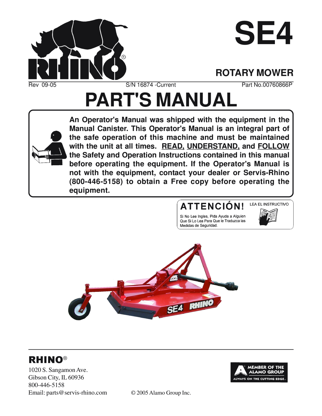Servis-Rhino SE4 manual Rotary Mower, Parts Manual, Rhino 