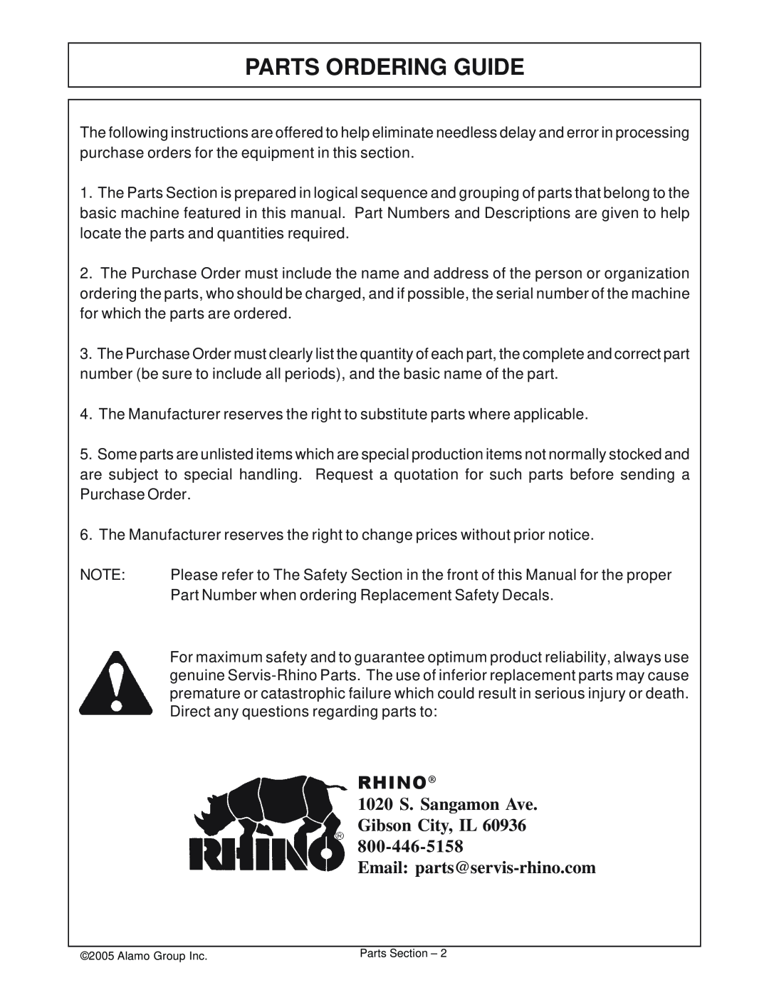 Servis-Rhino SE4 manual Parts Ordering Guide, Rhino, 1020 S. Sangamon Ave Gibson City, IL 