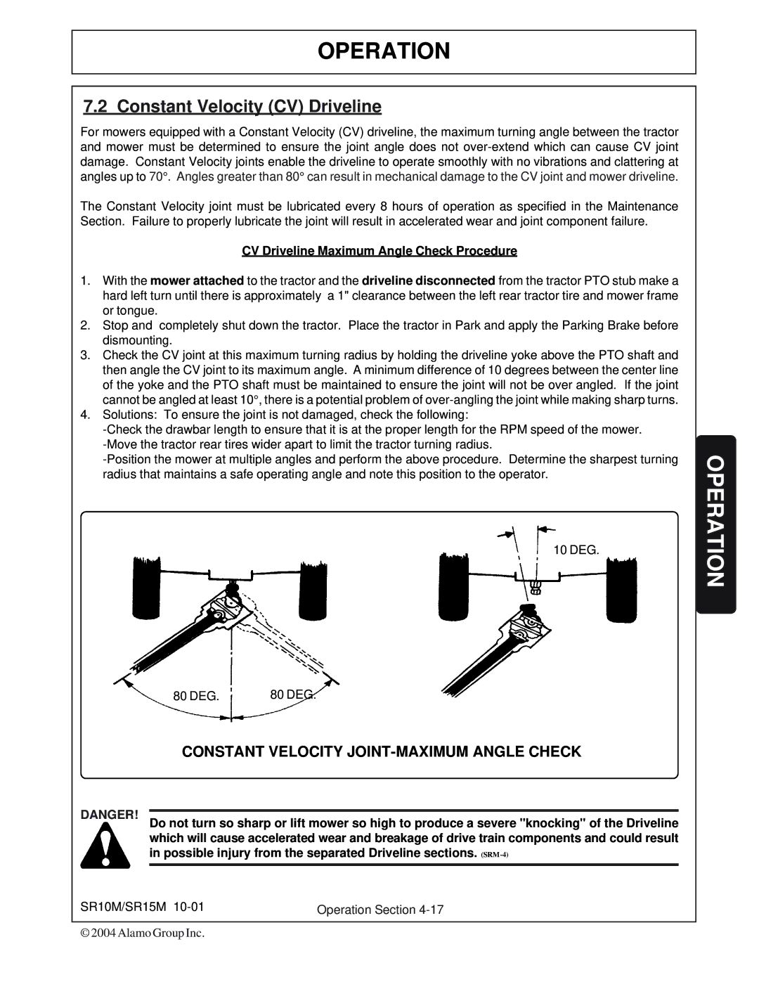 Servis-Rhino SR15M, SR10M manual Constant Velocity CV Driveline, CV Driveline Maximum Angle Check Procedure 