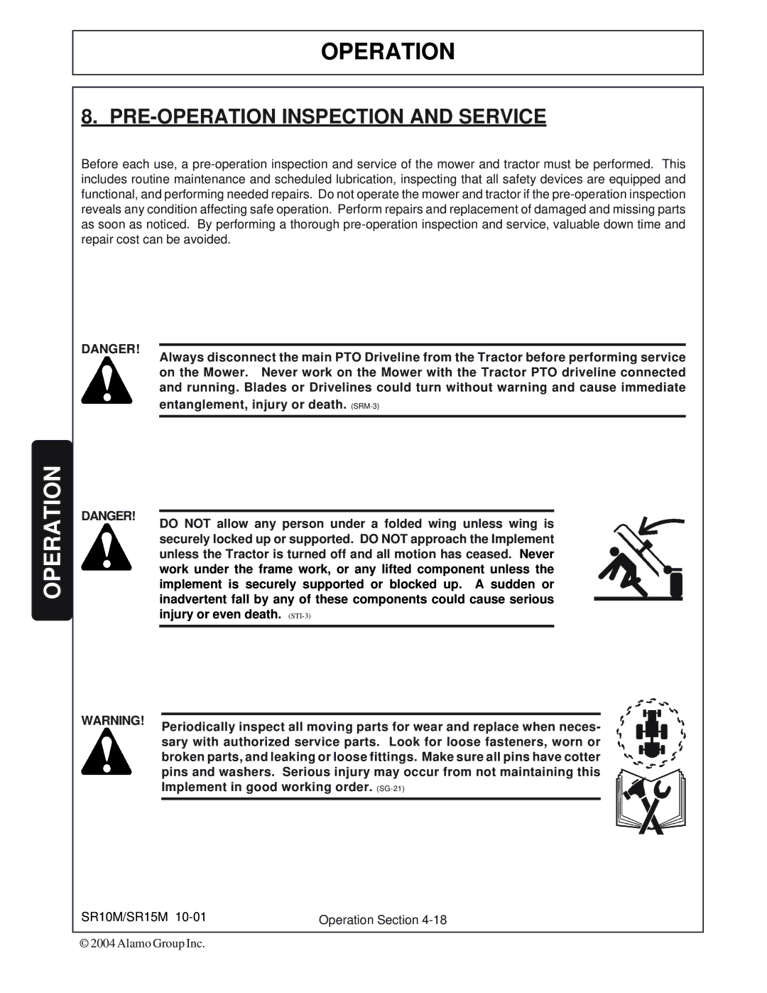 Servis-Rhino SR10M, SR15M manual PRE-OPERATION Inspection and Service 