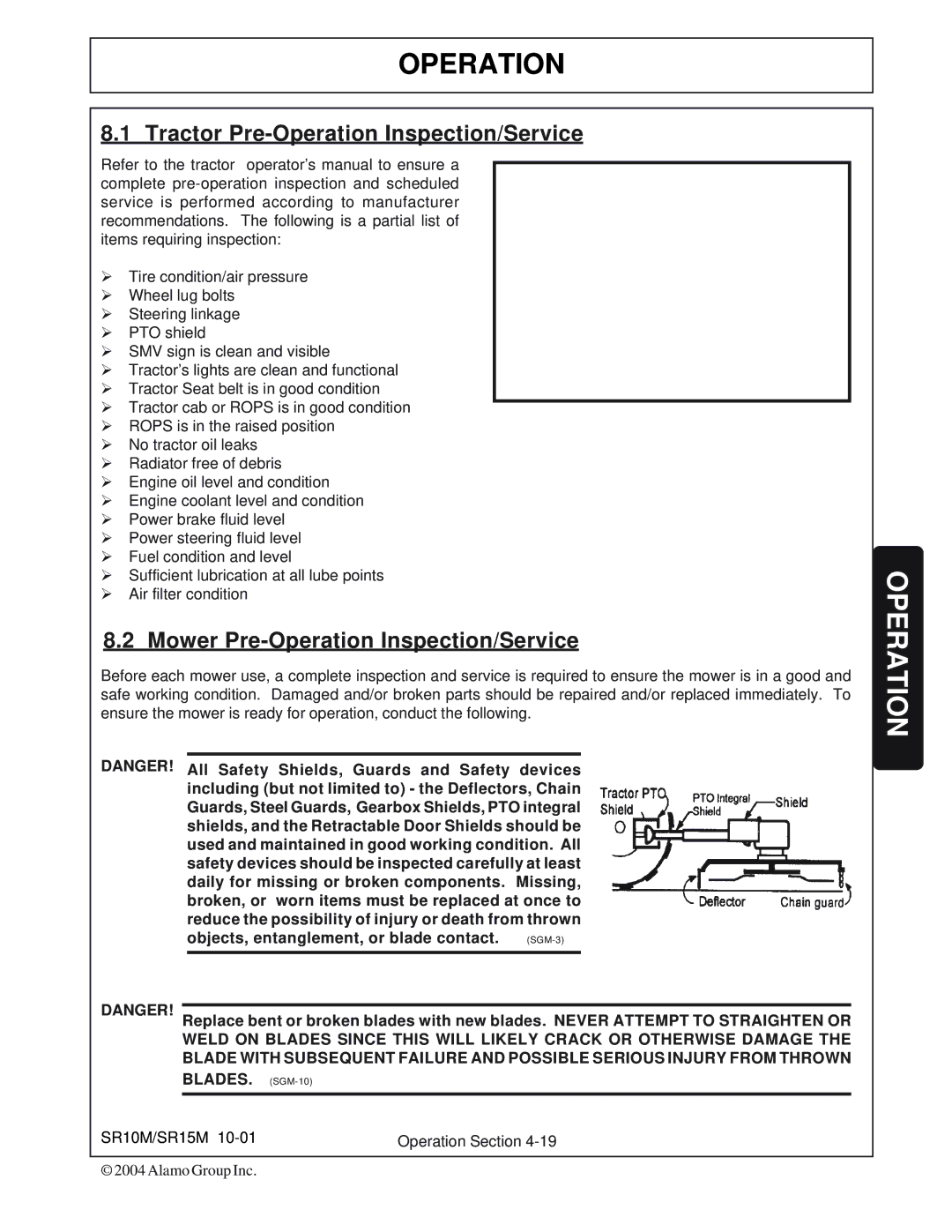 Servis-Rhino SR15M, SR10M Tractor Pre-Operation Inspection/Service, Mower Pre-Operation Inspection/Service, BLADES. SGM-10 