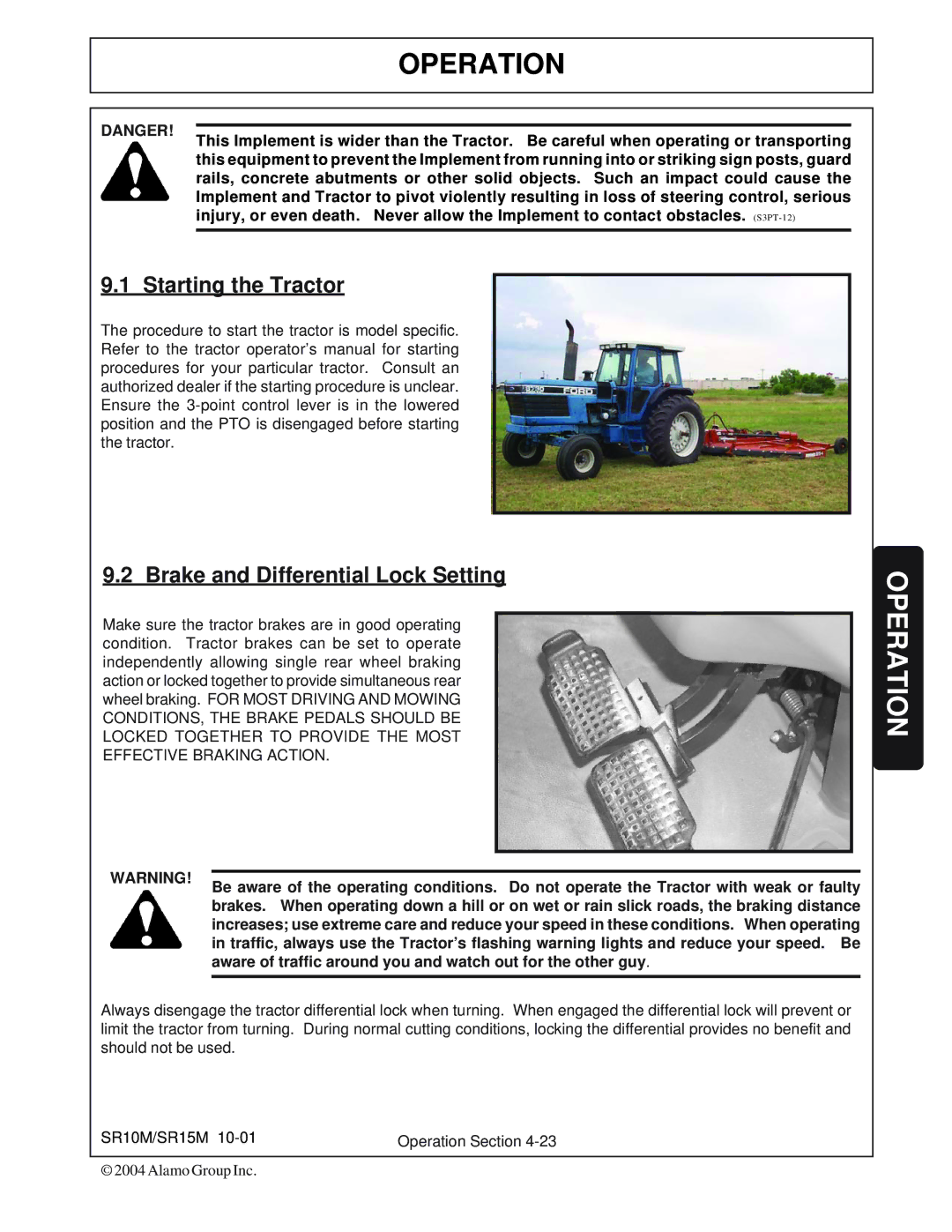 Servis-Rhino SR15M, SR10M manual Starting the Tractor, Brake and Differential Lock Setting 