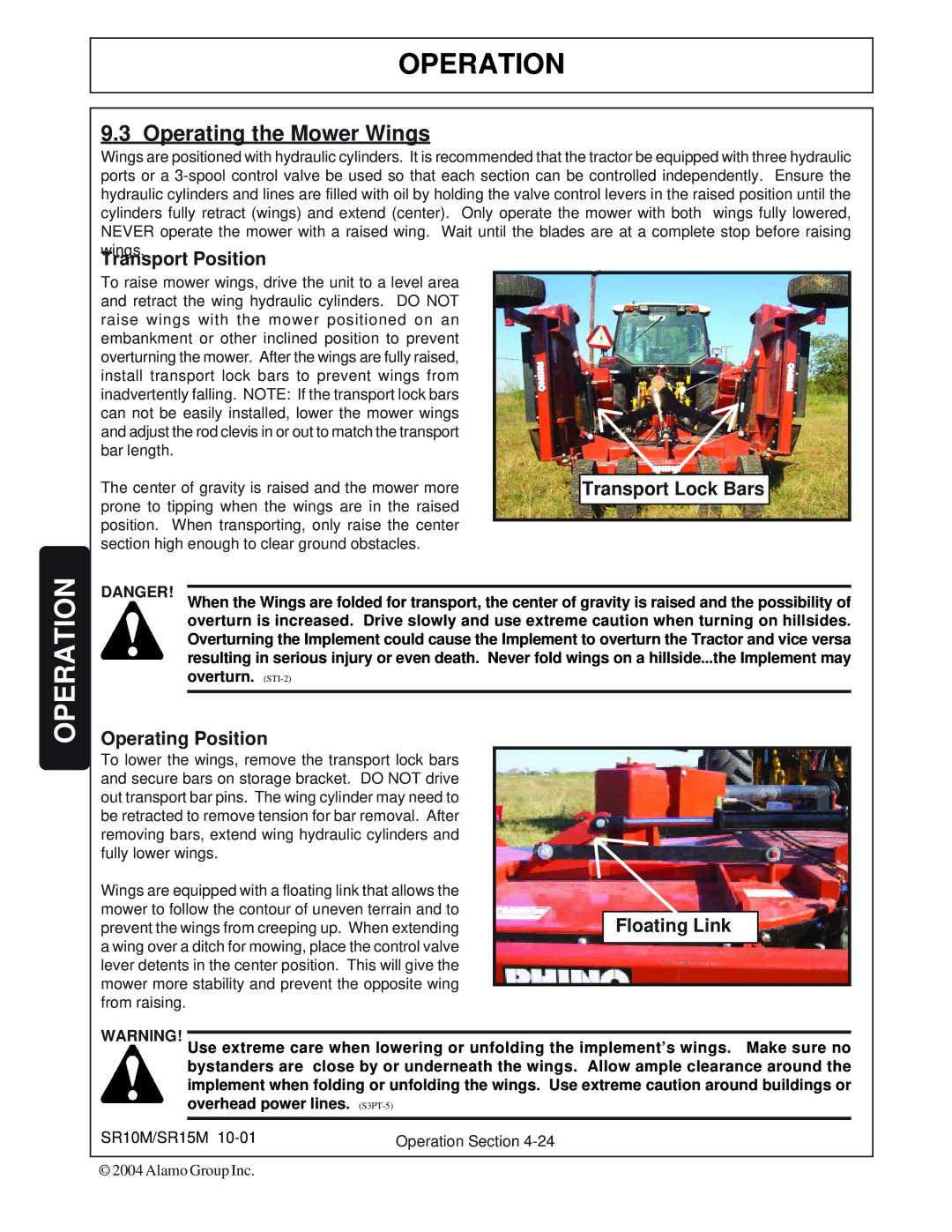 Servis-Rhino SR10M, SR15M manual Operating the Mower Wings, Transport Position 