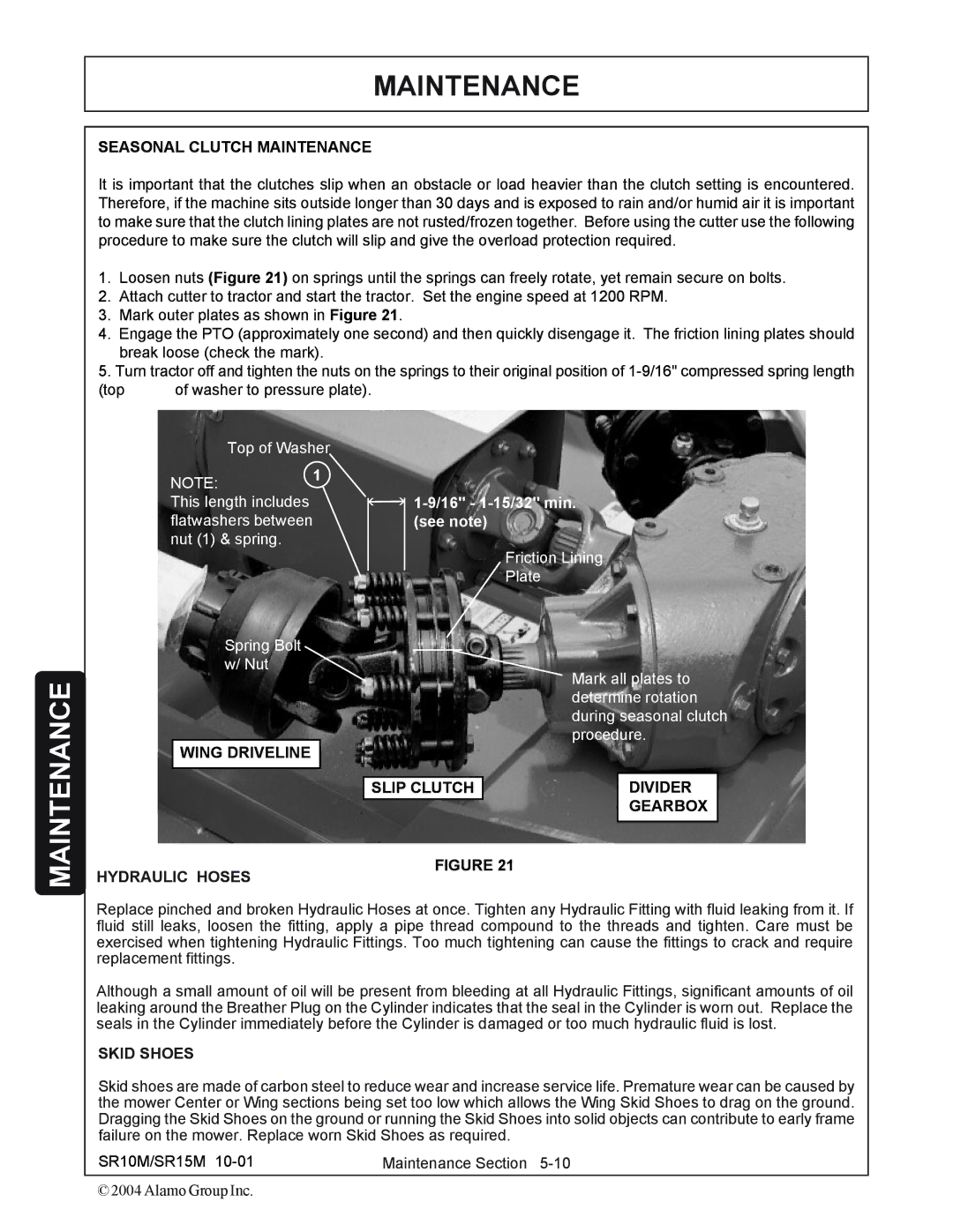 Servis-Rhino SR10M, SR15M manual Seasonal Clutch Maintenance, Wing Driveline, Hydraulic Hoses, Skid Shoes 