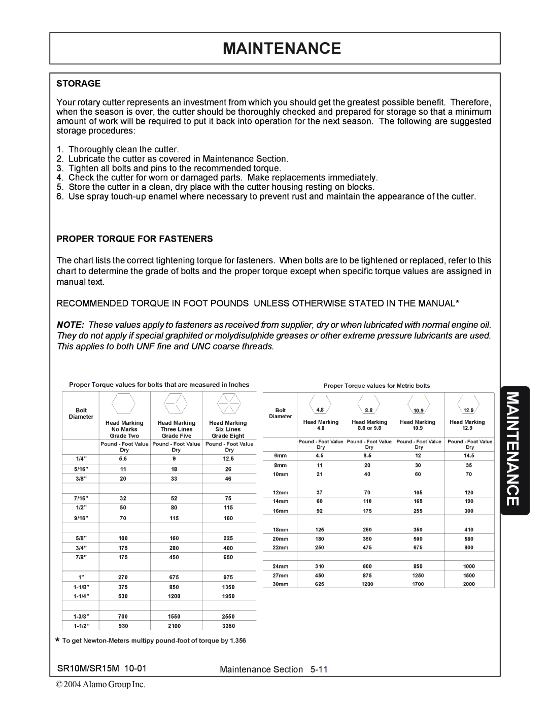 Servis-Rhino SR15M, SR10M manual Storage, Proper Torque for Fasteners 