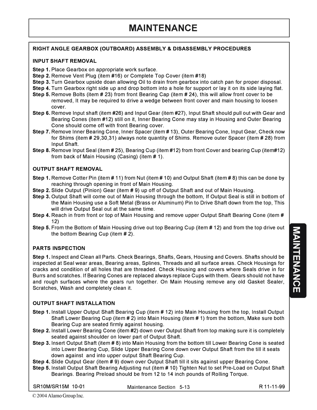 Servis-Rhino SR15M, SR10M manual Output Shaft Removal, Parts Inspection, Output Shaft Installation 