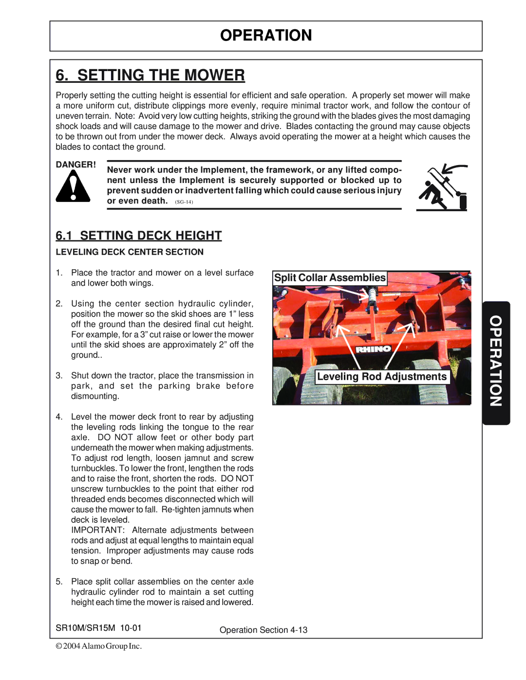 Servis-Rhino SR15M, SR10M manual Operation Setting the Mower, Leveling Deck Center Section 