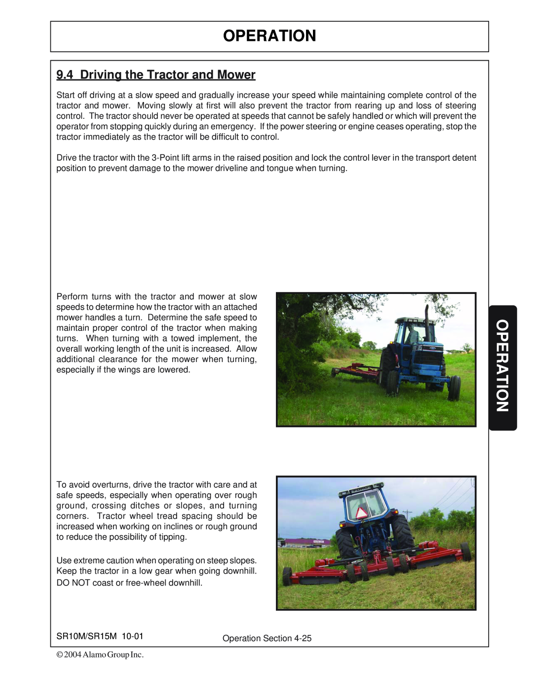 Servis-Rhino SR15M, SR10M manual Operation, Driving the Tractor and Mower 