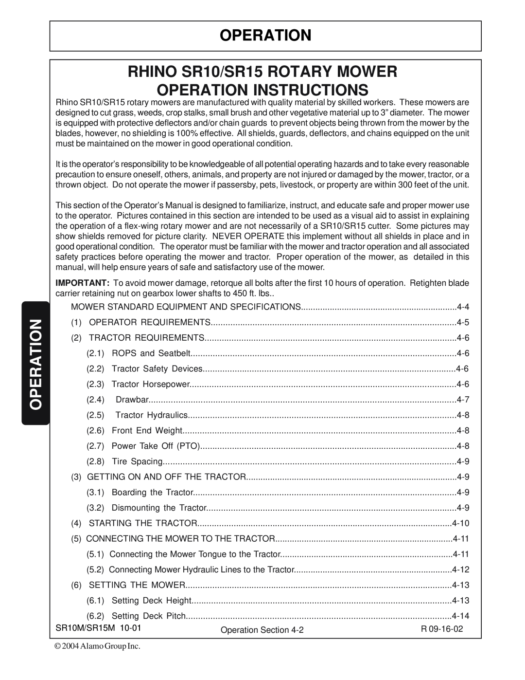 Servis-Rhino SR10M, SR15M manual Operation, OPERATION RHINO SR10/SR15 ROTARY MOWER OPERATION INSTRUCTIONS 