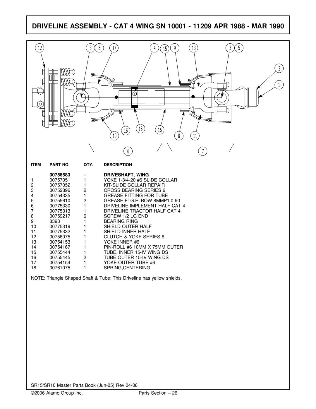 Servis-Rhino SR15/SR10 manual Driveline Assembly CAT 4 Wing SN 10001 11209 APR 1988 MAR, DRIVESHAFT, Wing 