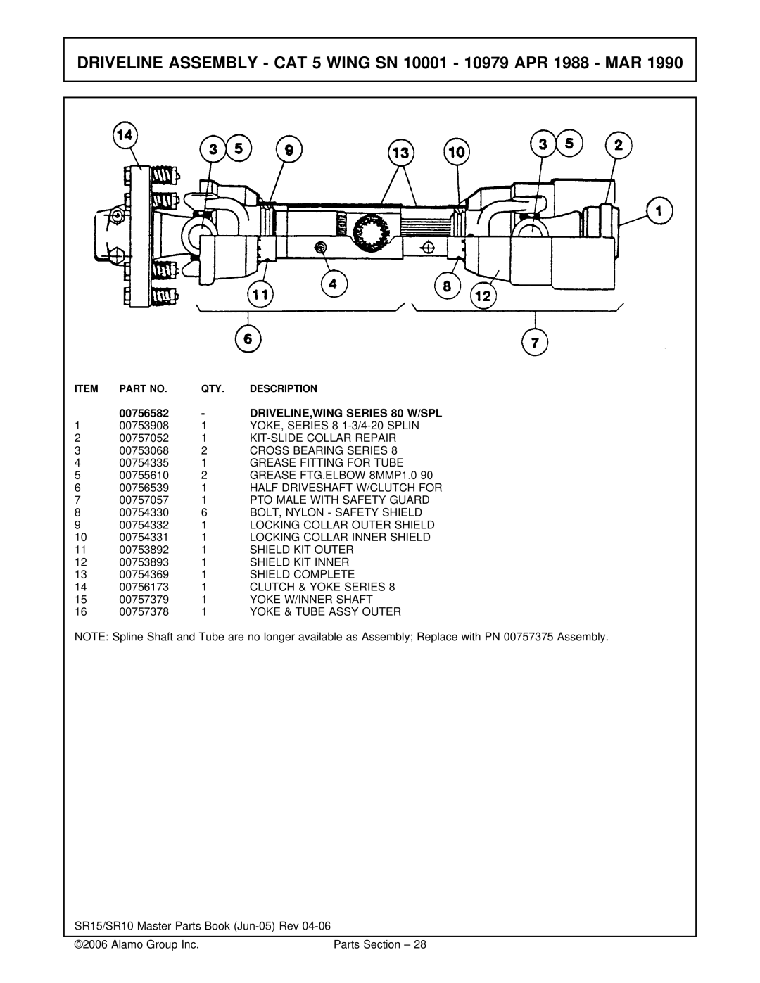 Servis-Rhino SR15/SR10 manual Driveline Assembly CAT 5 Wing SN 10001 10979 APR 1988 MAR, DRIVELINE,WING Series 80 W/SPL 