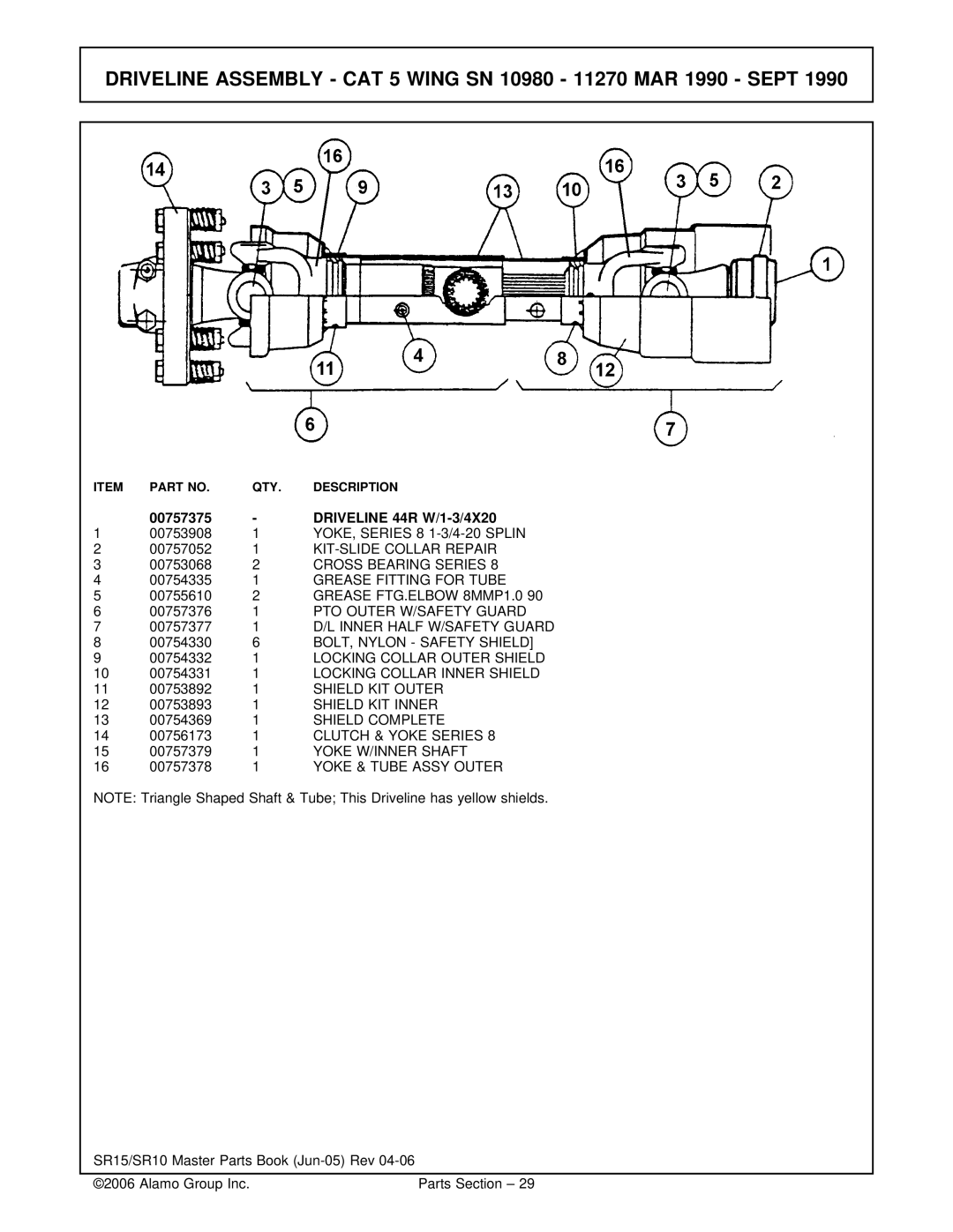 Servis-Rhino Flex-Wing Rotary Cutter/Shredder, SR15/SR10 manual Driveline Assembly CAT 5 Wing SN 10980 11270 MAR 1990 Sept 