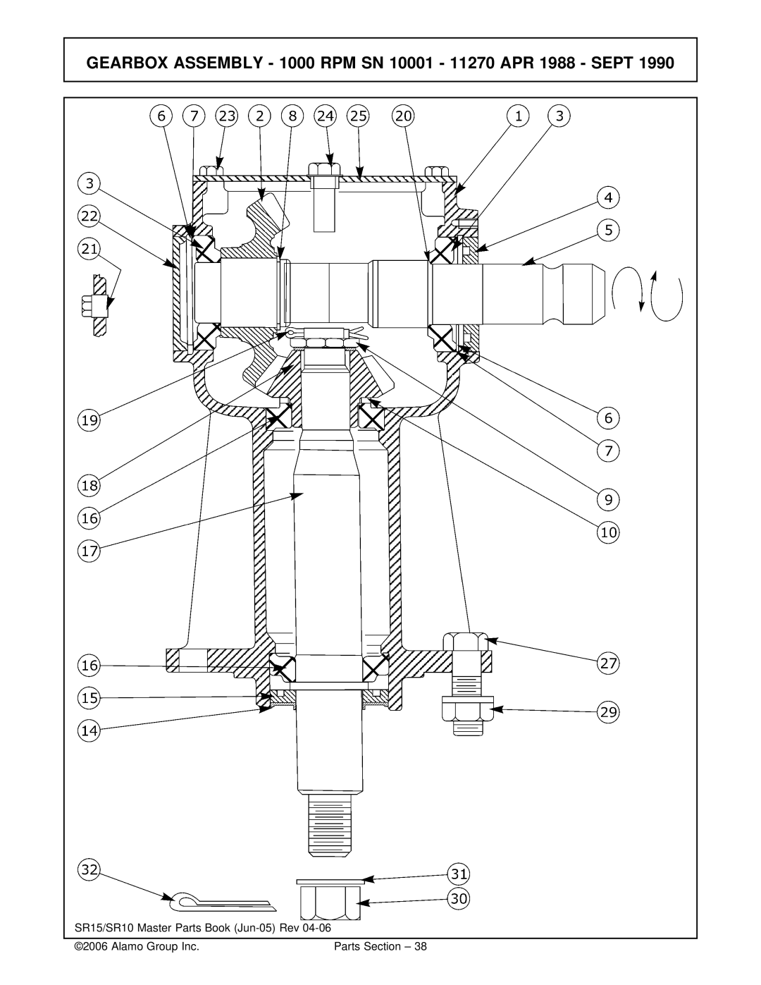 Servis-Rhino SR15/SR10, Flex-Wing Rotary Cutter/Shredder manual Gearbox Assembly 1000 RPM SN 10001 11270 APR 1988 Sept 