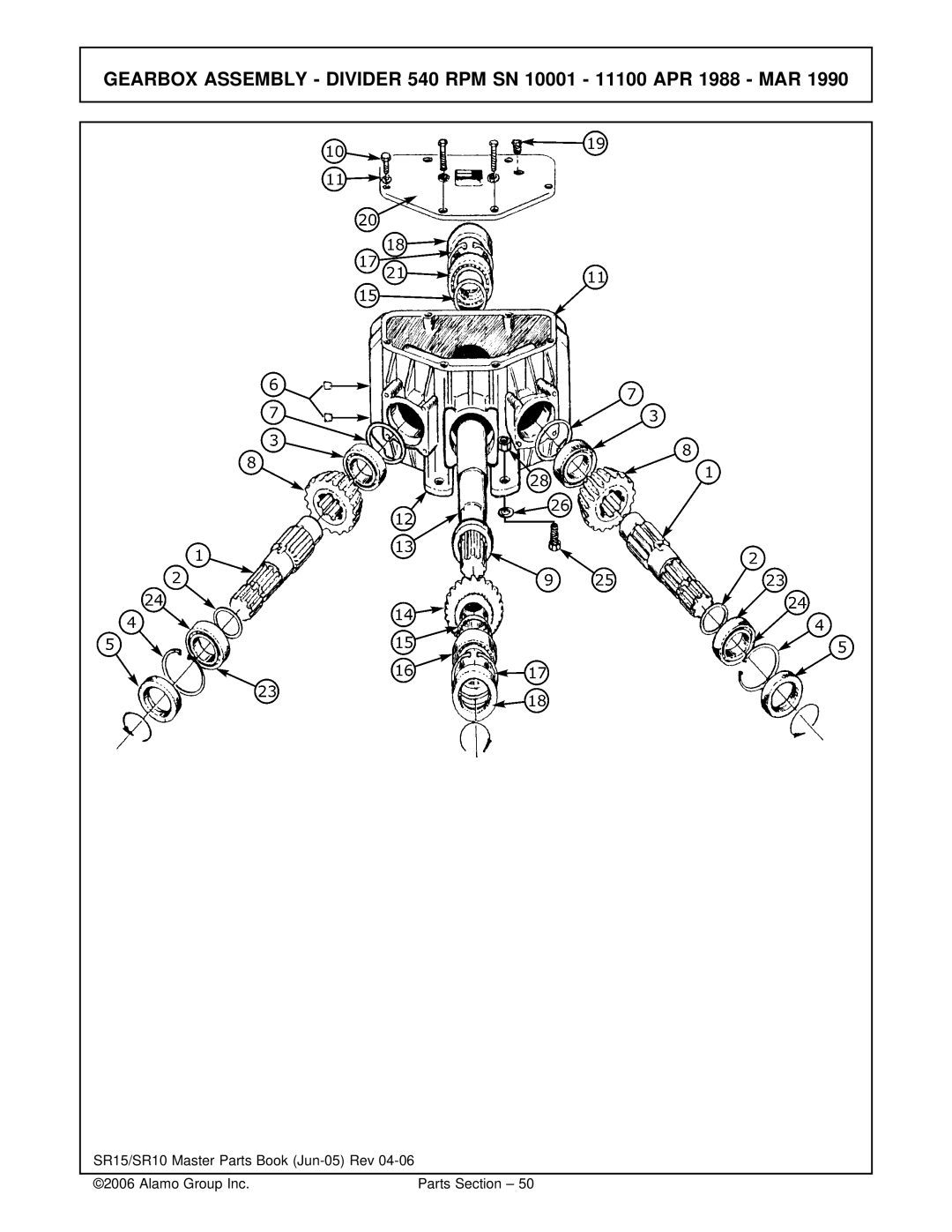 Servis-Rhino SR15/SR10, Flex-Wing Rotary Cutter/Shredder manual Gearbox Assembly Divider 540 RPM SN 10001 11100 APR 1988 MAR 