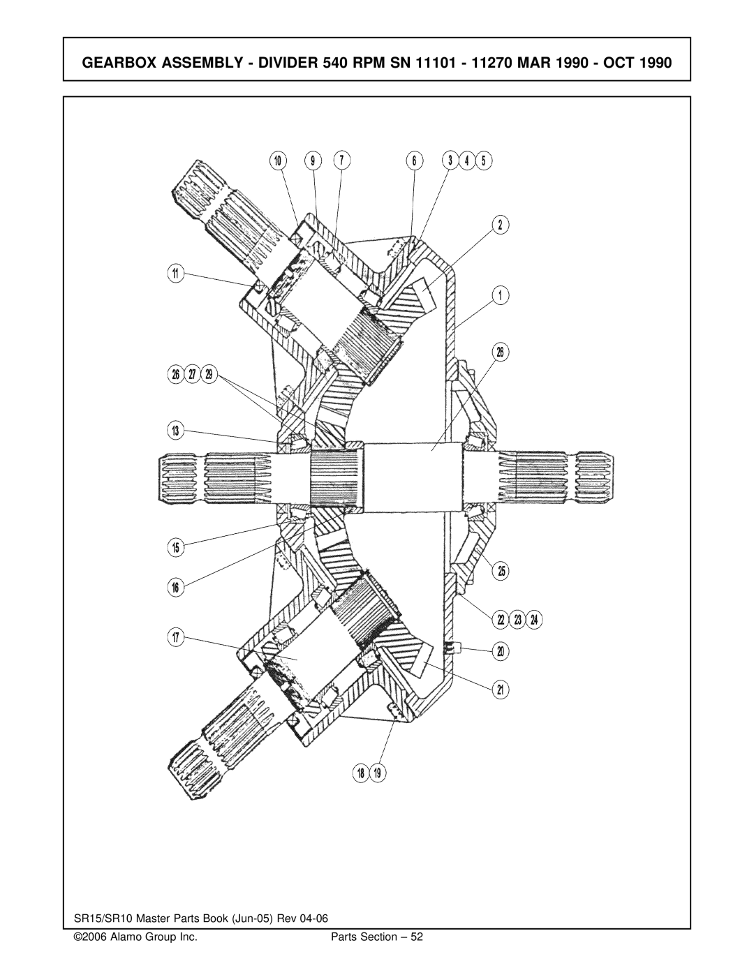 Servis-Rhino SR15/SR10, Flex-Wing Rotary Cutter/Shredder manual Gearbox Assembly Divider 540 RPM SN 11101 11270 MAR 1990 OCT 