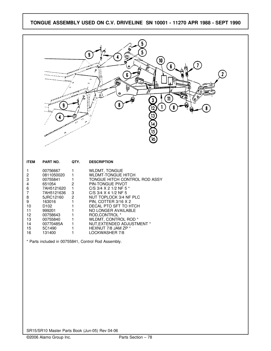 Servis-Rhino SR15/SR10 manual Tongue Hitch Control ROD Assy, Rod,Control, WLDMT, Control ROD, Lockwasher 7/8 