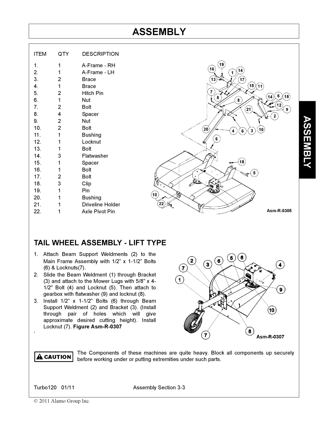 Servis-Rhino TURBO120 manual Tail Wheel Assembly Lift Type, QTY Description 