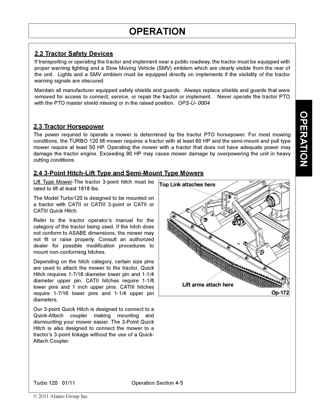 Servis-Rhino TURBO120 manual Tractor Safety Devices, Tractor Horsepower, Point Hitch-Lift Type and Semi-Mount Type Mowers 