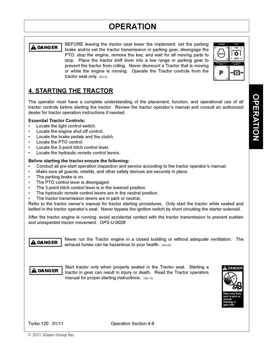 Servis-Rhino TURBO120 Starting the Tractor, Essential Tractor Controls, Before starting the tractor ensure the following 