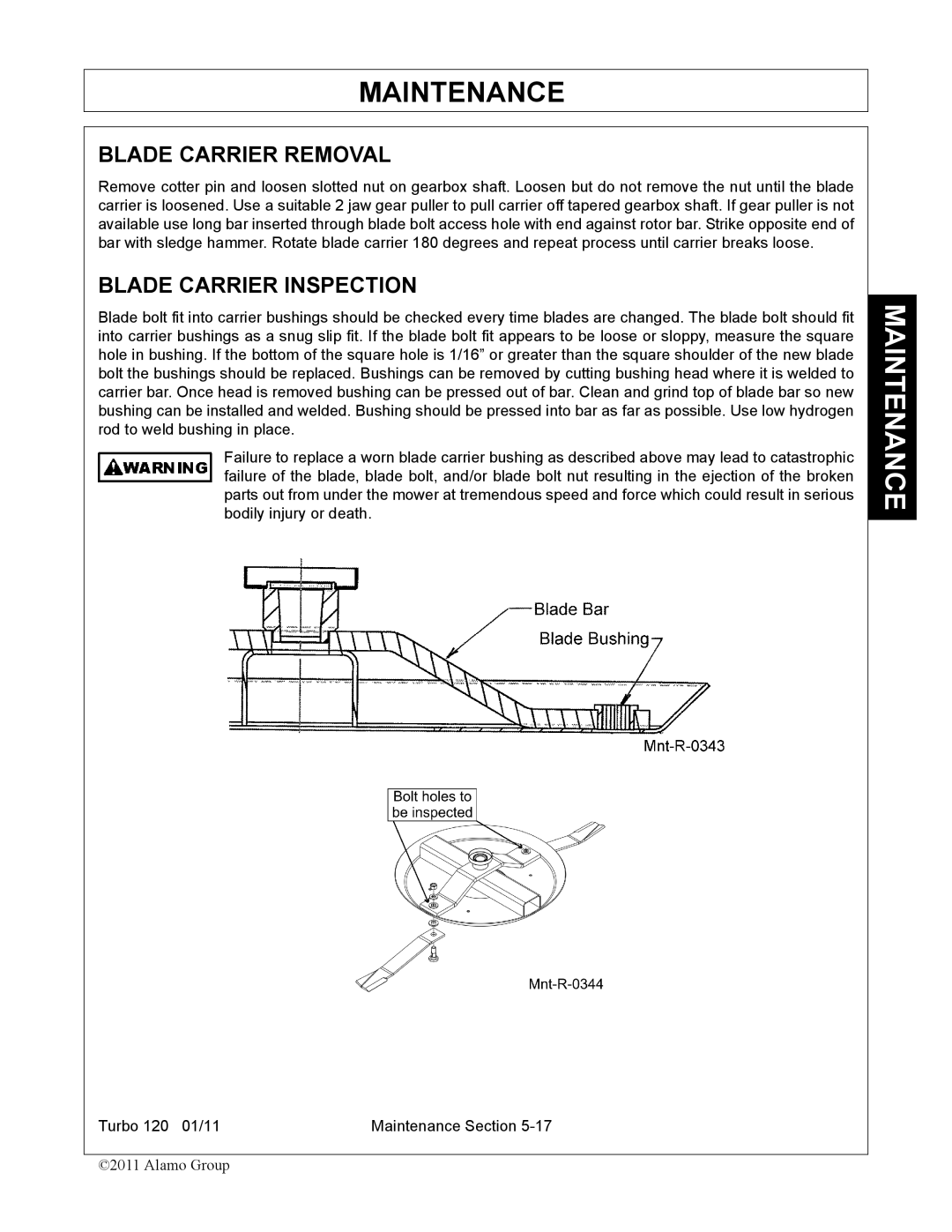 Servis-Rhino TURBO120 manual Blade Carrier Removal, Blade Carrier Inspection 