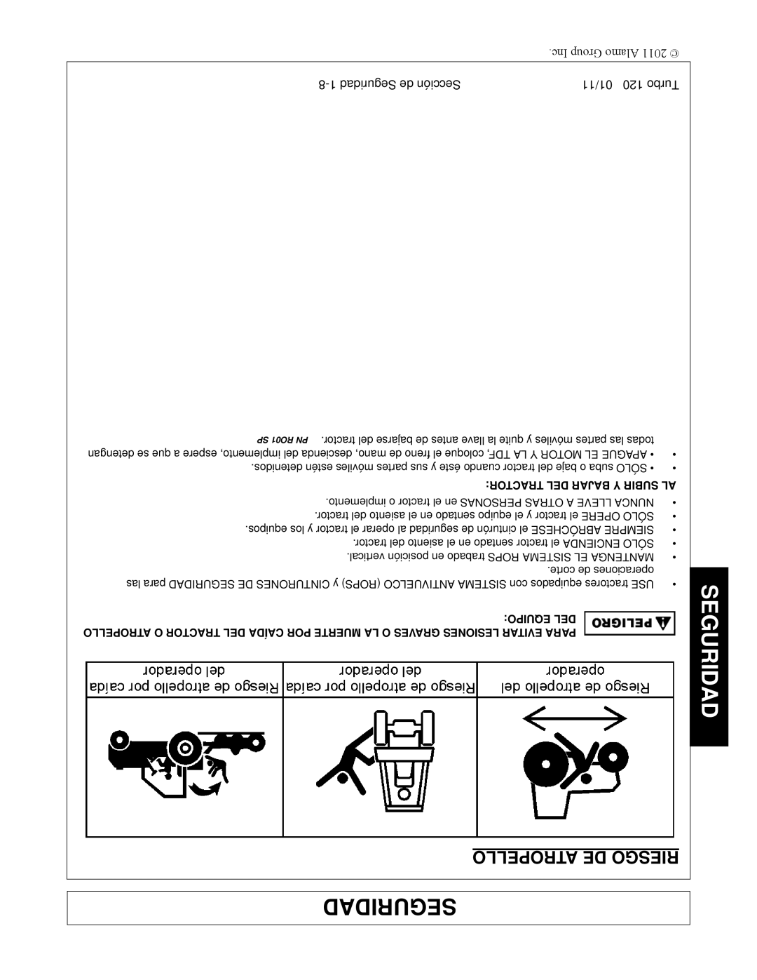 Servis-Rhino TURBO120 manual Atropello DE Riesgo, Tractor DEL Bajar Y Subir AL 