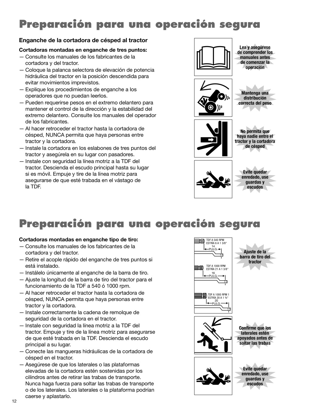 Servis-Rhino TURBO120 manual Enganche de la cortadora de césped al tractor, Cortadoras montadas en enganche de tres puntos 