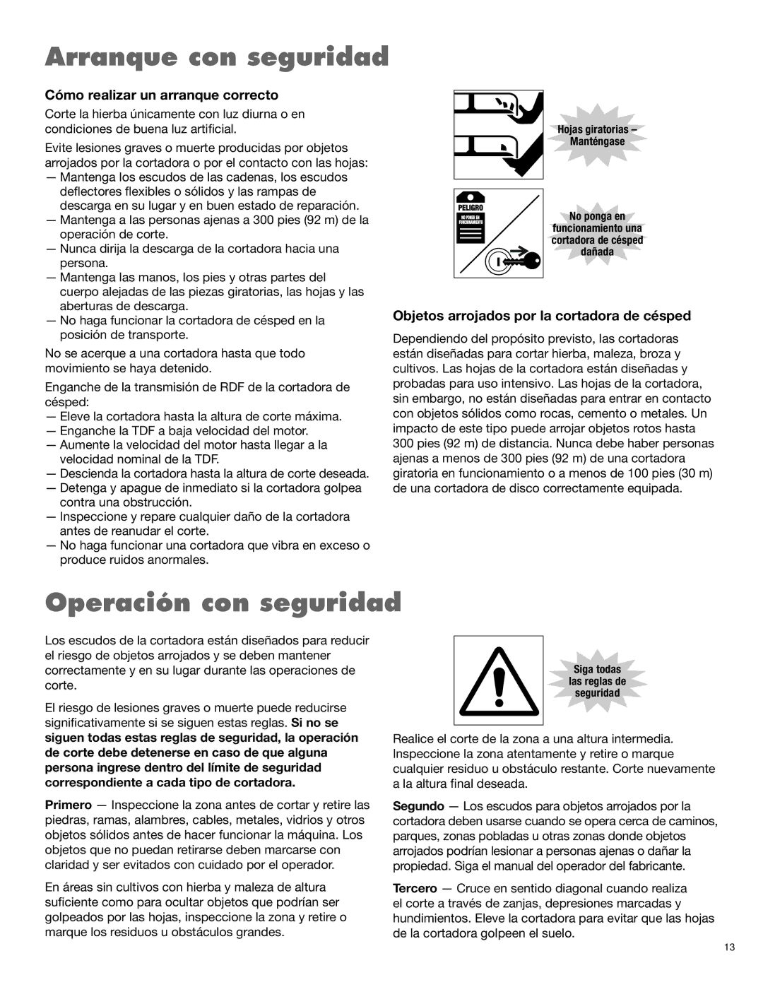 Servis-Rhino TURBO120 manual Arranque con seguridad, Operación con seguridad, Cómo realizar un arranque correcto 