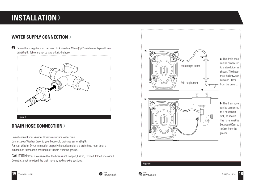 Servis WD1496FGW, WD1496FGB, WD1496FGR, WD1496FGS, WASHER DRYER Drain Hose Connection, Max height 80cm Min height 0cm 