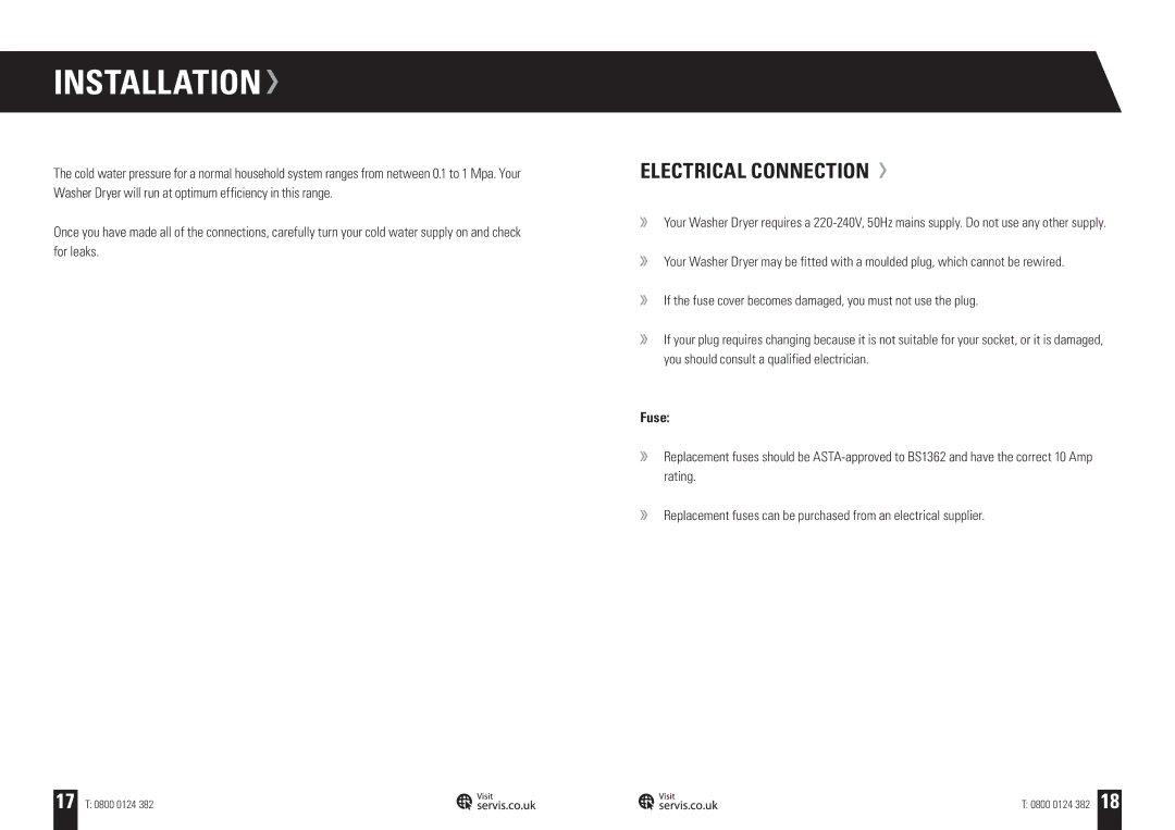 Servis WD1496FGB, WD1496FGW, WD1496FGR, WD1496FGS, WASHER DRYER user manual Electrical Connection, Fuse 