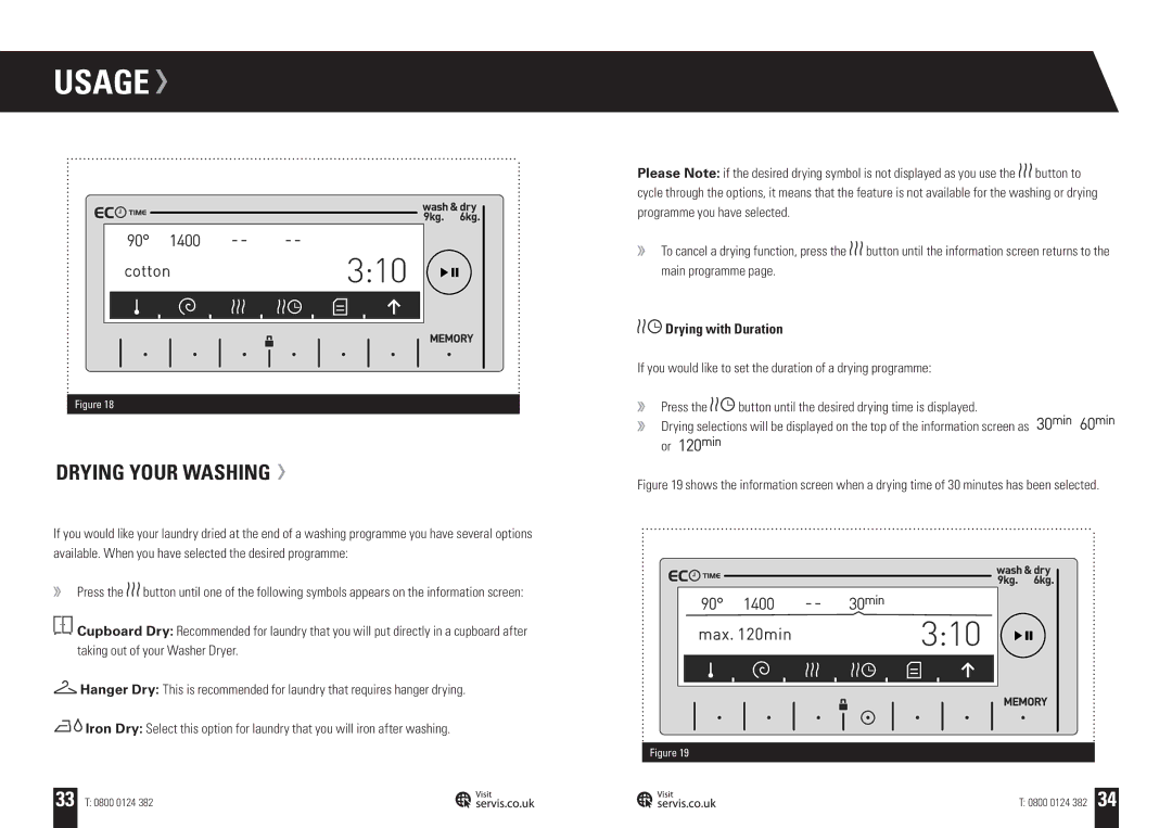 Servis WASHER DRYER, WD1496FGW, WD1496FGB, WD1496FGR, WD1496FGS user manual Drying Your Washing, Drying with Duration 