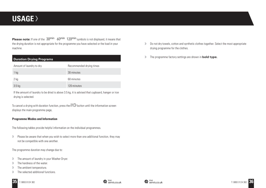 Servis WD1496FGW, WD1496FGB, WD1496FGR, WD1496FGS, WASHER DRYER Duration Drying Programs, Programme Modes and Information 