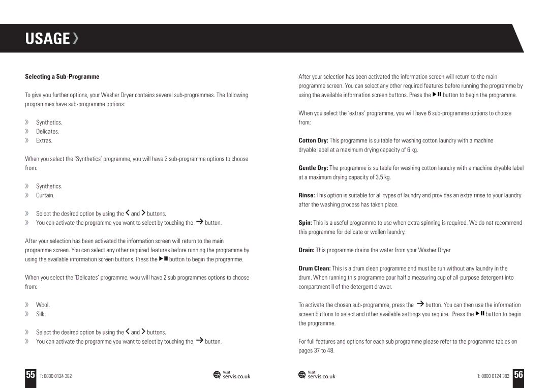 Servis WD1496FGW, WD1496FGB, WD1496FGR, WD1496FGS, WASHER DRYER user manual Selecting a Sub-Programme, 55 T 0800 0124 