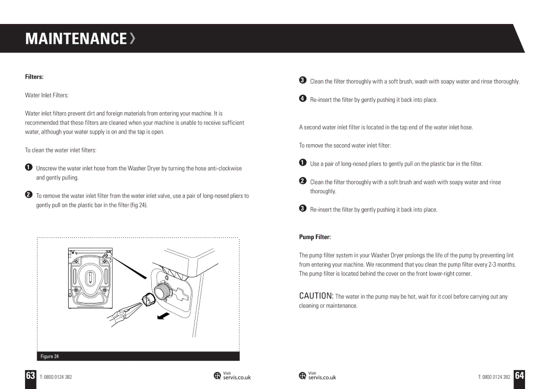 Servis WASHER DRYER, WD1496FGW, WD1496FGB, WD1496FGR, WD1496FGS user manual Water Inlet Filters, Pump Filter 